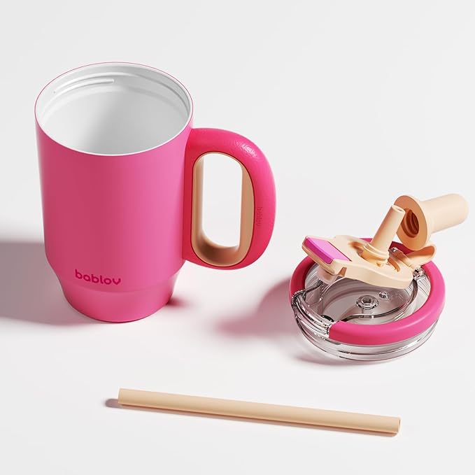 BABLOV 23 oz Ceramic Lined Tumbler with Straw - 316L Stainless Steel Insulated Coffee Tumbler with Lids Handle for Tea,Cold Hot Beverages at Home Office or on the Go Travel Coffee Mugs,Rose Pink