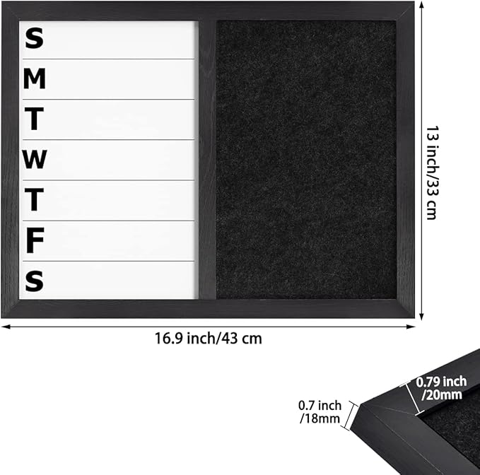 13" x 17" Magnetic Weekly Dry Erase White Board and Felt Board, Black Wood Frame，Magnetic Surface Whiteboard for Home Office and Wall Decor(ZHZL-3343)