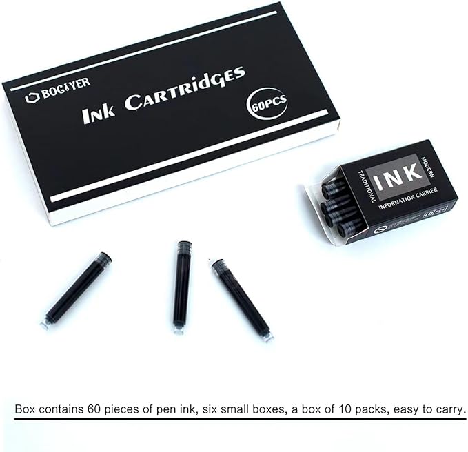 60 Count Bociyer Fountain Pen Ink Refill Cartridges | Ink Cartridge | 3.4mm bore Diameter | Black Ink