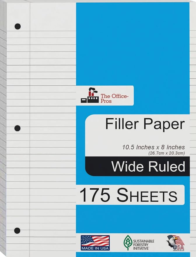 Filler Paper, Wide Ruled Filer, Loose Leaf Paper, 3 Holed Punches Paper, Red Line Margin, Ring Binder Paper - 8" x 10.5" - Wide Ruled - 175 Sheets