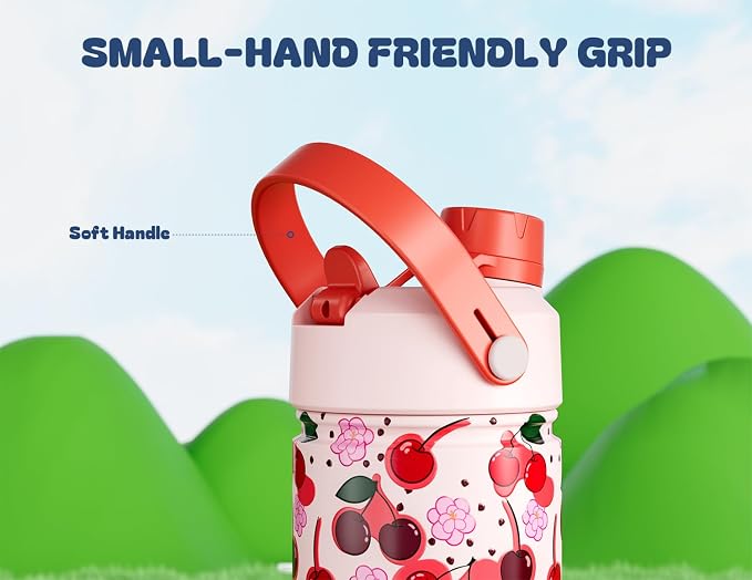 12 oz Kids Insulated Water Bottle for School: 2-in-1 Straw Spout Lid, Leakproof, Keep Cold 24H, Stainless Steel Cup with Leather Sleeve for Travel, Camping, Gift for Girl Daughter (Twinkleberry Patch)