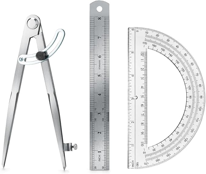 Compass Geometry Tool, Drawing Compass, Professional 8 Inch Large Compass with Wing for Woodworking, 6 Inch Protractor, 8 Inch Ruler for Carpenter, Drafting