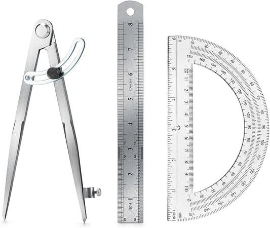 Compass Geometry Tool, Drawing Compass, Professional 8 Inch Large Compass with Wing for Woodworking, 6 Inch Protractor, 8 Inch Ruler for Carpenter, Drafting