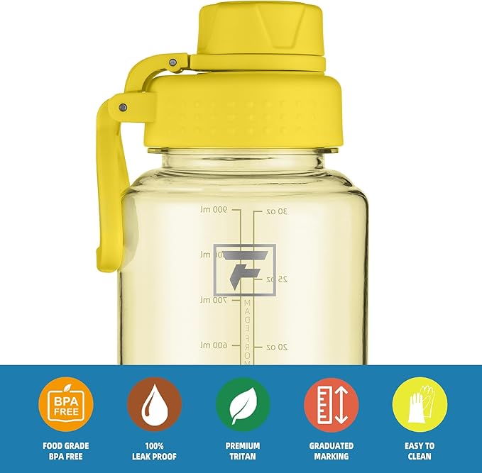 Fanhaw 32 oz Clear BPA-Free Tritan Water Bottle with Fast-Flow Spout Lid, Leakproof Wide-Mouth Reusable Bottle for Gym, School & Office (Imperial Yellow)
