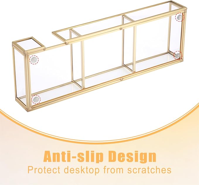 BTSKY Golden Glass 3 In 1 3x3 Inch Sticky Note Holder, Elegant Post It Note Dispenser Paper Clip Holder with Non-Slip Pads Clear Notepad Holder for Desk Organization Planning, Home Office Decor