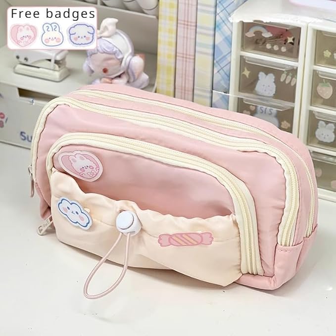 Cute Aesthetic Pencil Case Kawaii Pencil Case with Kawaii Pins Large Pencil Pouch Holder Preppy Supplies (pink)