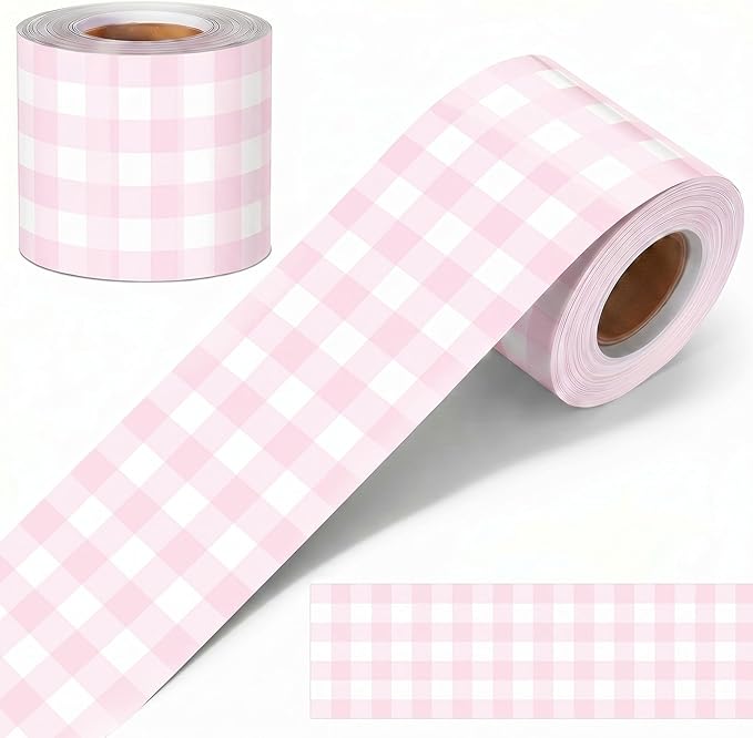 65.6 Ft Pink Gingham Bulletin Board Border Die Cut Straight Border Trim Plaid Checkered Classrooms Decor for Whiteboard Wall Desk Window Door Locker Office School Party