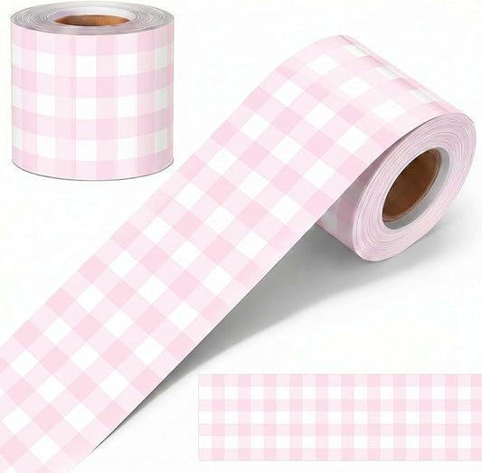 65.6 Ft Pink Gingham Bulletin Board Border Die Cut Straight Border Trim Plaid Checkered Classrooms Decor for Whiteboard Wall Desk Window Door Locker Office School Party