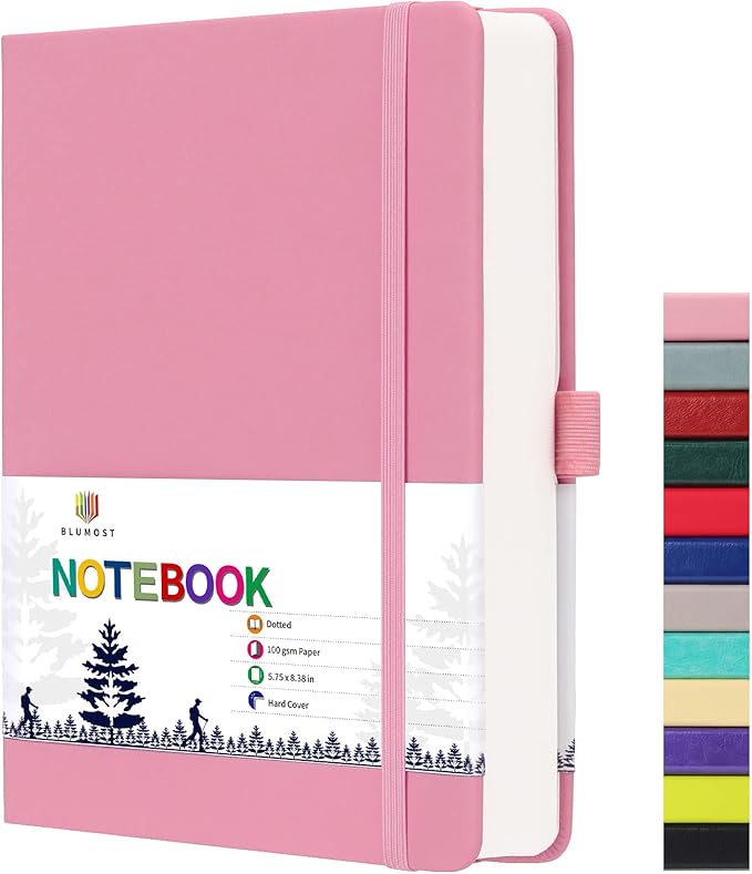 Bullet Dotted Journal Notebook - A5 Dot Grid Notebook with 280 Pages,100gsm Thick Paper,Leather Hardcover Journal for Women Men,5.75'' × 8.38''-Pink