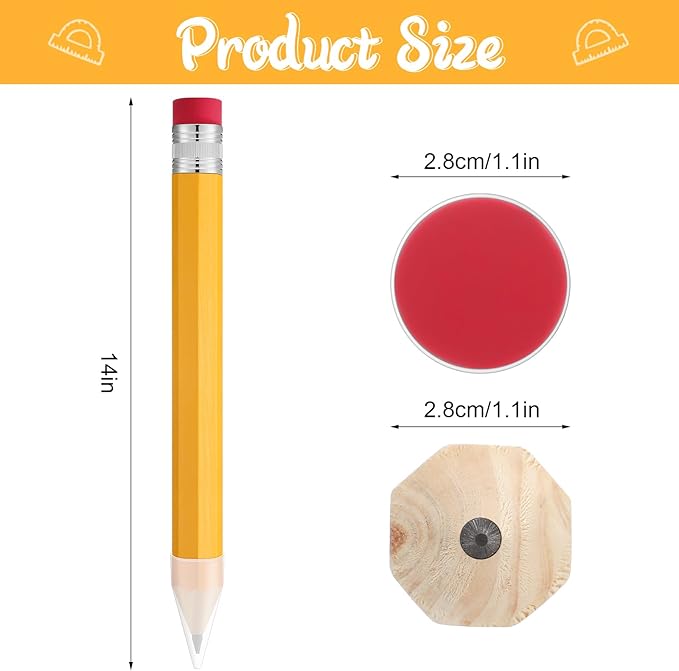 Leinuosen 3 Pcs Giant Pencils End of Year Gift 14 Inch Extra Large Wood Big Yellow Jumbo Novelty Funny Comically Pencil Props with Eraser for School Office Party Favors