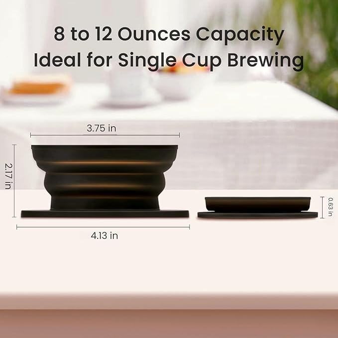 Paperless Collapsible Pour Over Coffee Dripper, Travel Pour Over Coffee Maker Camping with Reusable Metal Filter, Silicone Collapsible coffee filter, Single Cup Coffee Strainer Pour Over Black