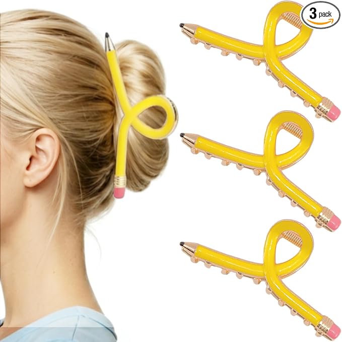 Pencil Hair Clips, Yellow Teacher Hair Clips 3Pcs Teachers Accessories for Women Fun Metal Claw Clips for Back to School Students and Teacher Accessories