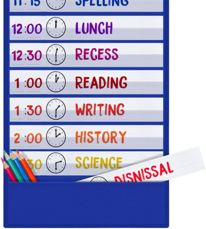 Scheduling Pocket Chart, 13+1 Pockert, Daily Class Schedule Pocket Chart with 18 Dry-Eraser Cards, Ideal for Classroom Office School Home Used, Over-door Mount (Blue)
