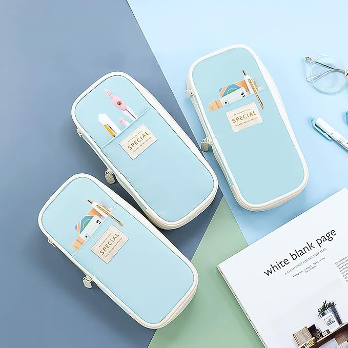 MAMUNU Expandable Pencil case with compartments, Large Capacity Pencil Cases Pencil Bag Pouch Office School, Portable Pencil Case Large School Stationery Organizer, Makeup Cosmetic Bag, Blue