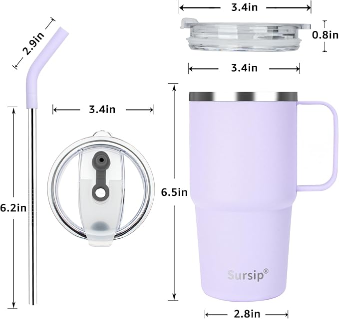 Sursip Insulated Coffee Mug with Handle and Lid, 24 oz Double Wall Vacuum Travel Thermal Coffee Tumbler with Straw for Home, Office & Outdoor Stainless Steel Coffee Cup - BPA Free(Lilac-1 Pack)