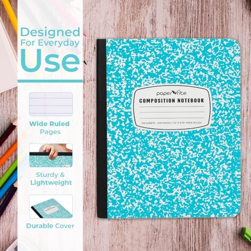 Paper Rite Assorted Marble Composition Notebook Wide Ruled (9.75x7.5 in), 100 Sheets | 200 Pages | For School, Office, Students, Teachers (5, Blue)