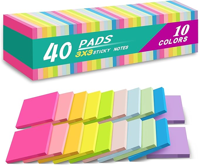 (40 Pads) Sticky Notes 3x3 in,Bright Colors Notepads,Colorful Stickies,Super Sticking Power,Memo Note Pads,Post on Windows Doors,Office,School,Strong Adhesive,Recyclable,Easy to Write on,Hold Well
