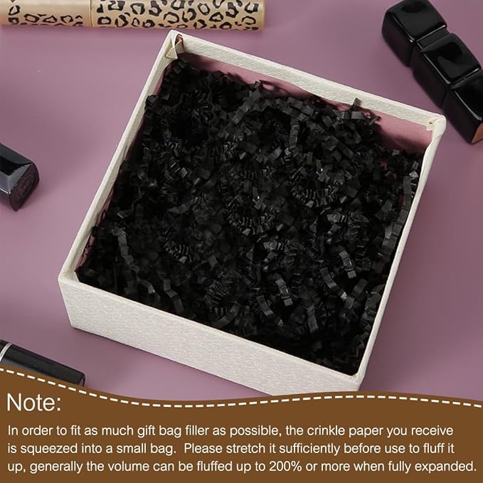 LYARCHTE Crinkle Paper Filler 5.2 oz, Crinkle Cut Paper Shred Filler Shredded TissueRaffia Grass Paper for Gift Basket Packing Bag Filler (Black)