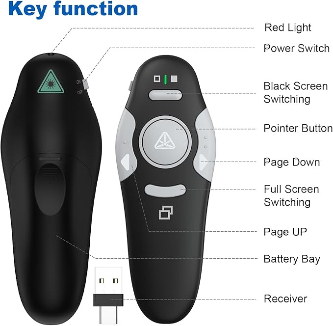 QUI 2 Pack Presentation Clicker, Wireless Presenter Remote Clicker for PowerPoint, Slide Advancer for Mac, Windows, Google Slide, Keynote (USB Type-c, Black Silver)