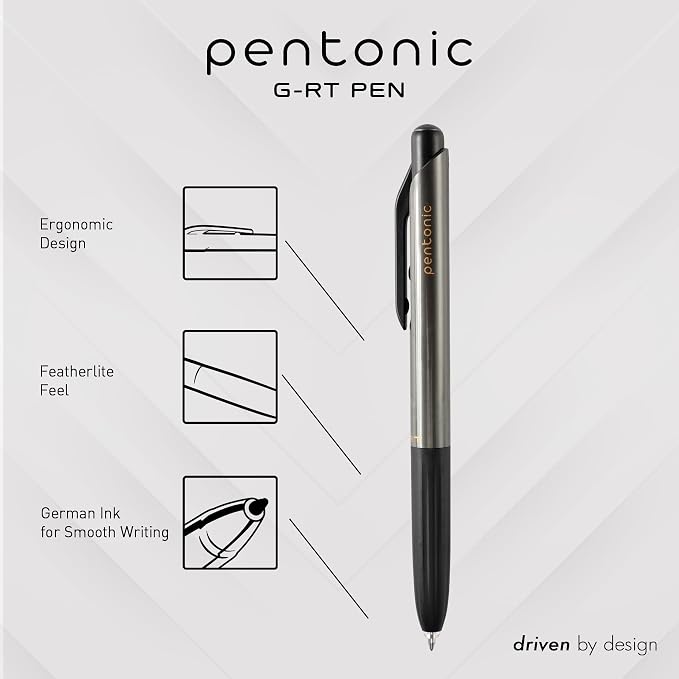 Pentonic G-RT Retractable Gel Pens, 10 Count, Black Ink, 0.7 mm Fine Point, Smooth Writing For Journaling, Note Taking, Office & School (1002363)