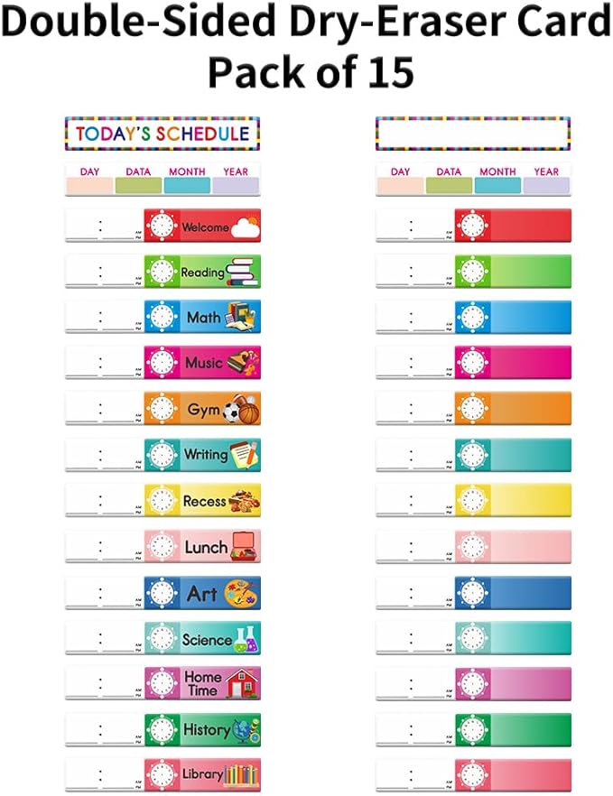 Daily Schedule Pocket Chart, class schedule, with 15 Dry-Eraser Cards - 13 Pockets for Classroom & Home (Black)