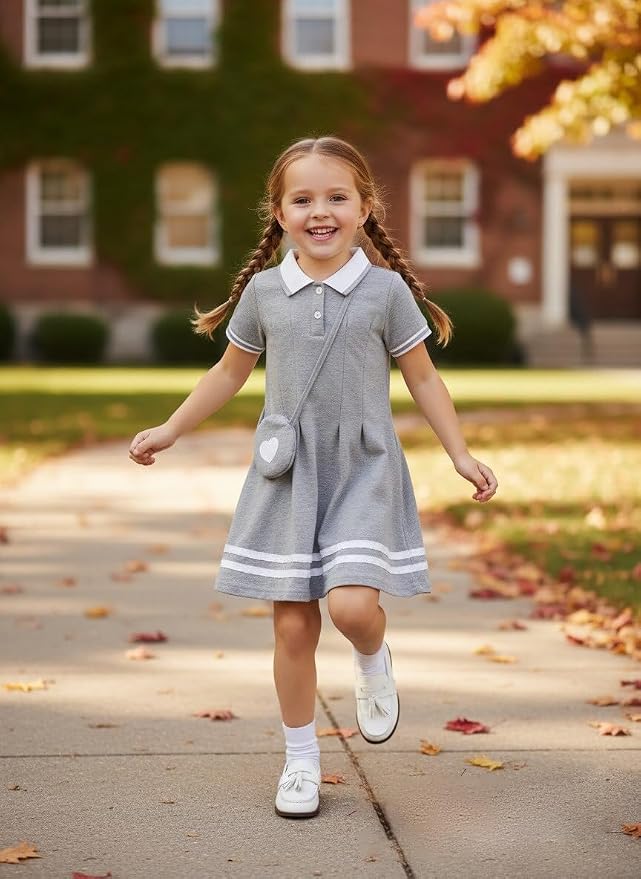 Renotemy Infant Baby Girl Dress Toddler Girls Summer Clothes School Outfits Cotton Short Sleeve Polo Dresses with Bag 12M-5T