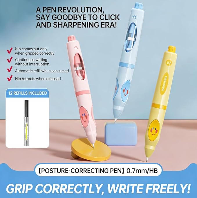 Write Right Learning,Pencil Kids Handwriting Gripper,Posture-Correcting Pen with Automatic Refill, Posture Correction Training Writing, 12 Replacement Refillers. (Pink)