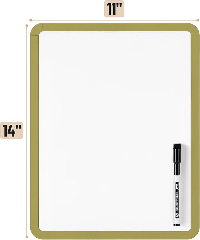Mr. Pen- Dry Erase Board, 14” x 11” with a Black Dry Erase Marker, Olive Green Frame, Small Mini White Board for Students, Fridge, Wall, Locker, Includes Double Sided Tapes