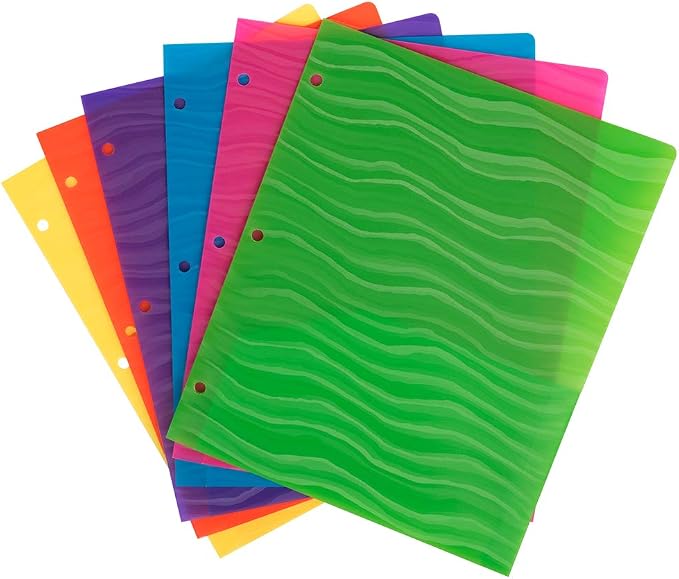JAM PAPER Heavy Duty Plastic 3 Hole Punch Pocket Folders - Extra Tough School Folders - Assorted Wave Colors - 6/Pack