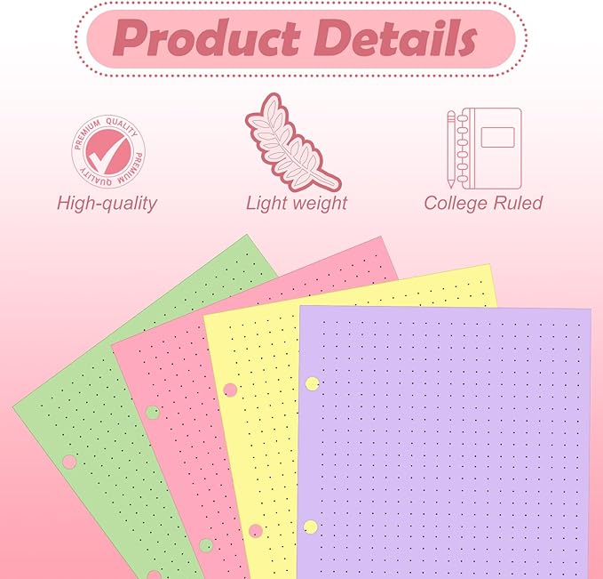 200 sheet Half Letter Dotted Refill Paper 3 Hole Punch 5-1/2 x 8-1/2 College Ruled Dot Grid Paper Refill Colored Mini Binder Paper Planner Inserts Fits Mini 3 Ring Binder Refills Office