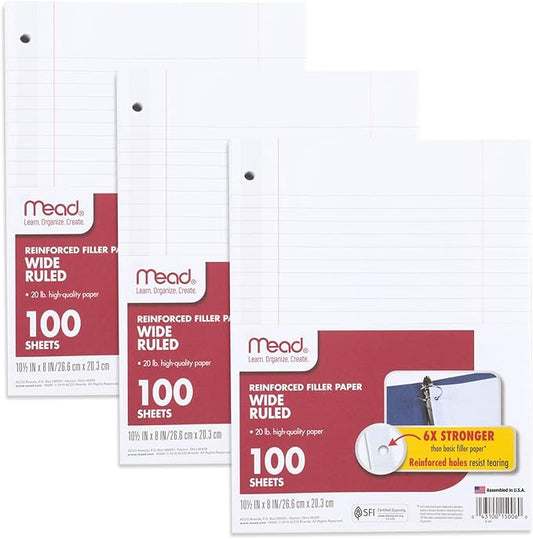 Mead Loose Leaf Paper, 3 Pack, Notebook Paper, Wide Ruled Filler Paper, Reinforced, 8 x 10.5, 100 Sheets per Pack (38038)