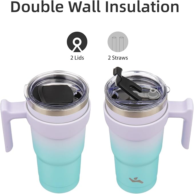 Konokyo 20 oz Tumbler with Handle and 2 Straw 2 Lid, Insulated Water Bottle Stainless Steel Vacuum Cup Reusable Travel Mug, Lavender Green