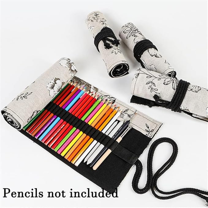 DIYOMR 24/36/72 Slots Pencil Wrap Pencil Rolls, Artist Colored Pencils Roll Up Bag Short Brushes Pouch Case Pencils Organizer for Drawing Coloring and Sketching (Peony Flower, 72slots)