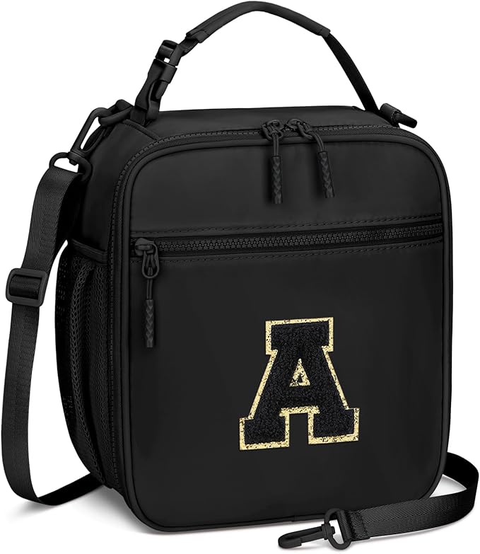 Initial Insulated Lunch Bag for Boys Kids, Back to School Gift, Reusable Leak-proof Lunch Box with Adjustable Strap for School Daycare Travel Picnic（Black，A）