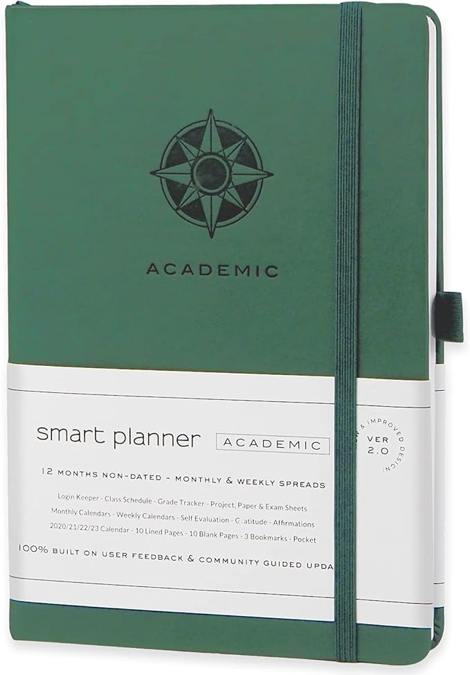 Smart Academic Planner - A5 Size 8.6 x 5.7 inches - Undated Daily Planner for School - Daily, Weekly, and Monthly Scheduling - Student Planner for Maximizing Focus and Productivity (Dark Green)