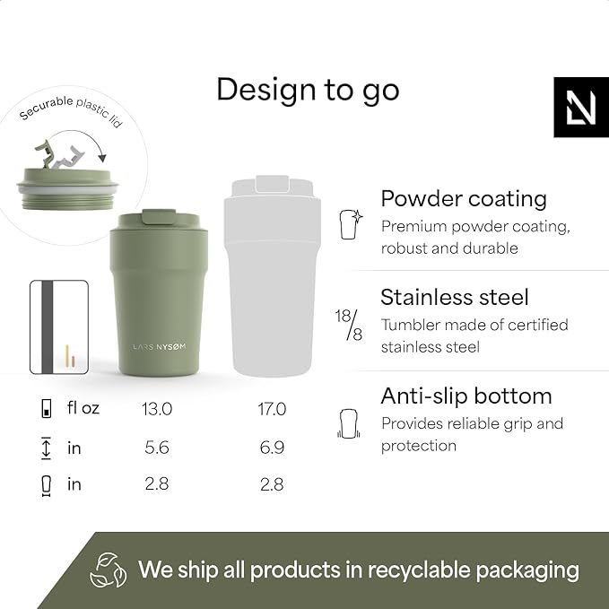 LARS NYSØM Thermo Coffee Mug to go 13oz | Travel Mug 0.38 Liter with Insulation | Silicone grip base | Leak Proof Stainless Steel Tumbler for Coffee and Tea on the Go (Powder Sage Green, 13oz)