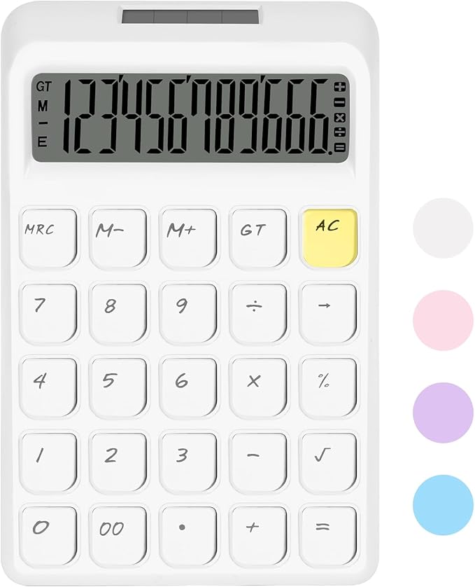 Cute Calculator, Calculators Desktop, White Calculator Big Buttons, Solar and Battery Dual Power, 12-Digits Large LCD Display, Desk Calculators for Office Home School Basic Business (White)