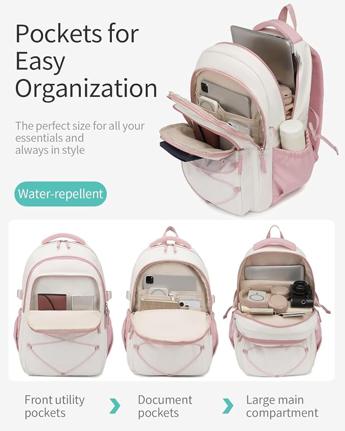 Teen Backpack for Girls, Women Bookbag for College Students Middle High School, Aesthetic Schoolbag Back Pack, White Pink