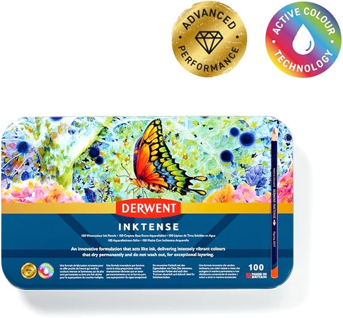Derwent Inktense Pencils Art Set, 100 Permanent Watercolor Pencils Set in Tin, Premium Colored Pencils for Adults, Water-Soluble Indelible Pencil Collection, 4mm Core, Professional Quality (2306130)