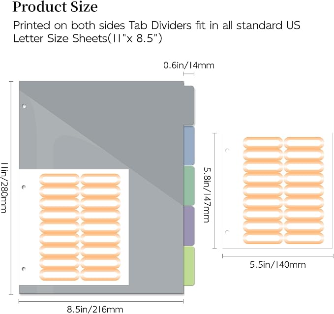 Pocket Plastic Dividers, 5 Tab Set, 10 Count (Pack of 2), Letter Size(8.5"x11"), Morandi Color