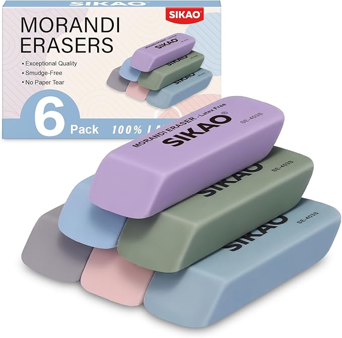 Morandi Erasers, 6 Pack Pencil Erasers for Kids – Aesthetic Pastel Beveled Rubber Erasers, Latex-Free & Smudge-Free for School Supplies, Classroom & Daily Writing