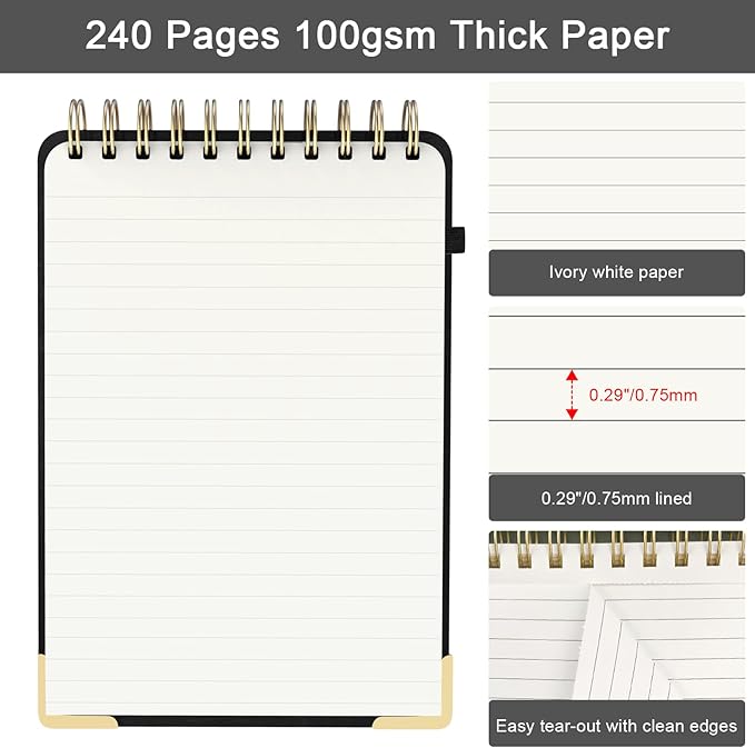 A5 Top Spiral Notebook, Large Leather Hardcover Top Bound Steno Pads, 240 Pages 100 gsm Thick Lined Paper Left Handed Notebook Journal for Work, School, Meeting Writing - Black, 5.9" x 8.5"
