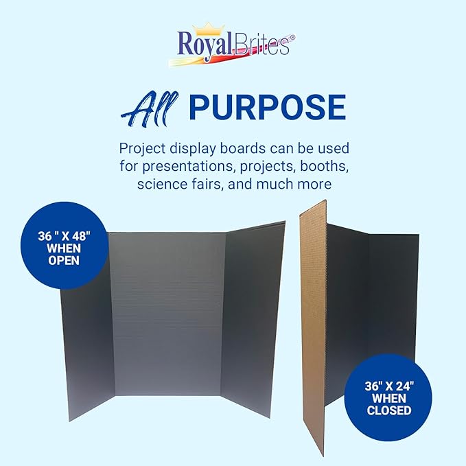 Royal Brites 1-Ply Corrugated Tri-fold Project Display Board 36" x 48", Exhibition, Presentation, & Science Fair Display Boards, Lightweight Trifold Board with Smooth Surface, Black/Kraft, Pack of 12