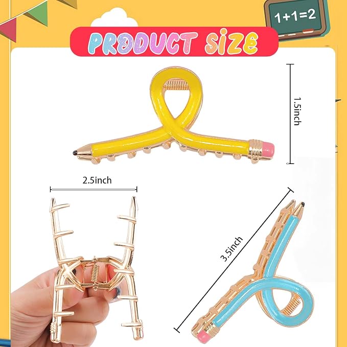 Pencil Hair Clips, Teacher Hair Clips 3Pcs Teacher Appreciation Gifts Teachers Hair Accessories for Women Fun Metal Claw Clips for Back to School Students and Teachers