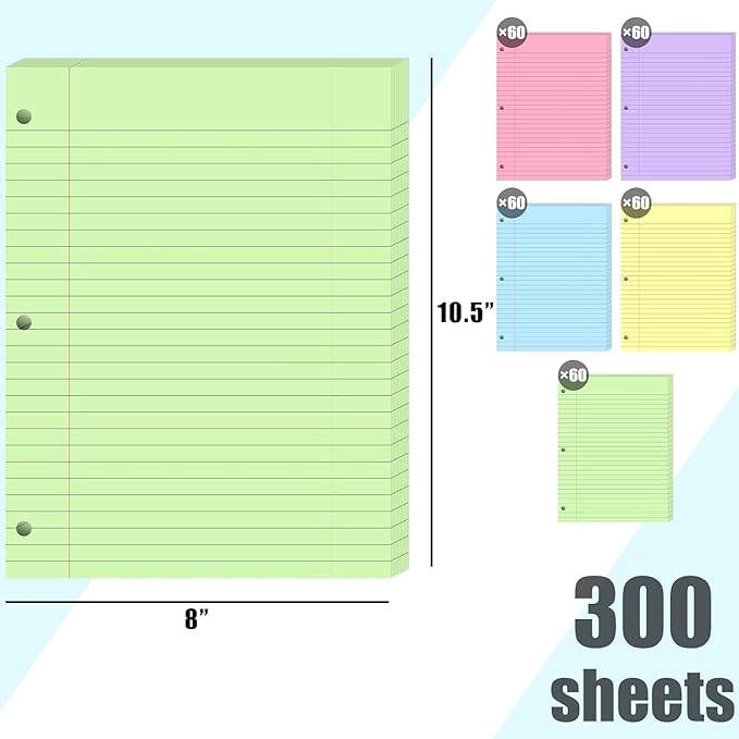 Koogel Wide Ruled Loose Leaf Paper, 8 x 10.5 Inch Filler Notebook Lined Paper, 5 Color, 3 Hole Punch Lined Writing Notebook for 3 Ring Binders for College Essentials School Office Supplies, 300 Sheets