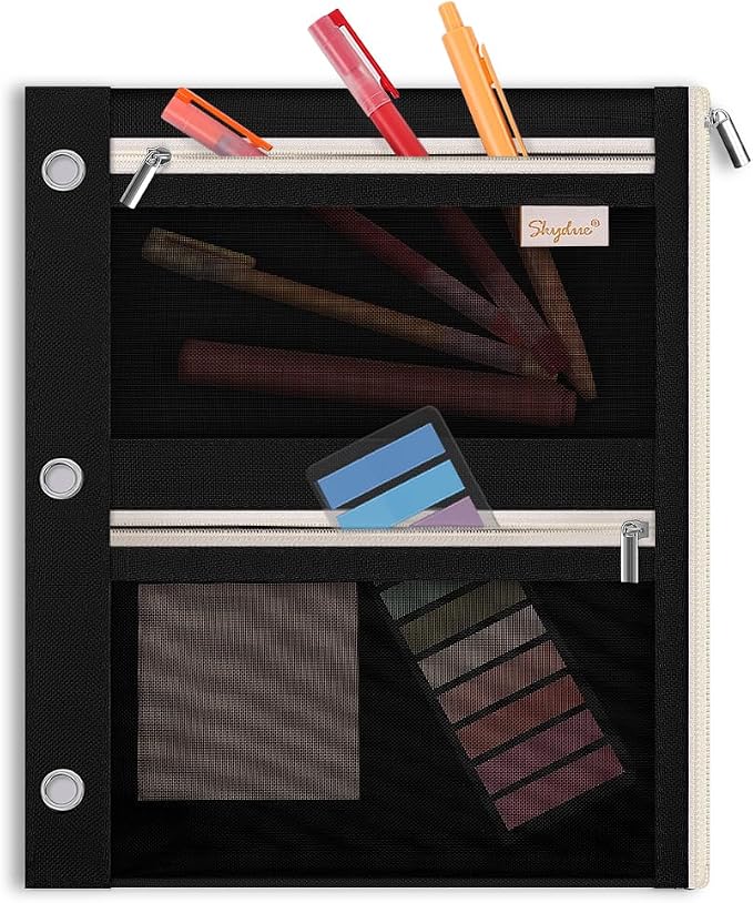 SKYDUE Large Pencil Pouch for 3 Ring Binder, 3 Pockets and Mesh Window | 11"x 9", 3 Pockets Zipper Pencil Case, Black Pencil Pouch Large Capacity Organizer for Boys Girls, Students, Kids & Teachers
