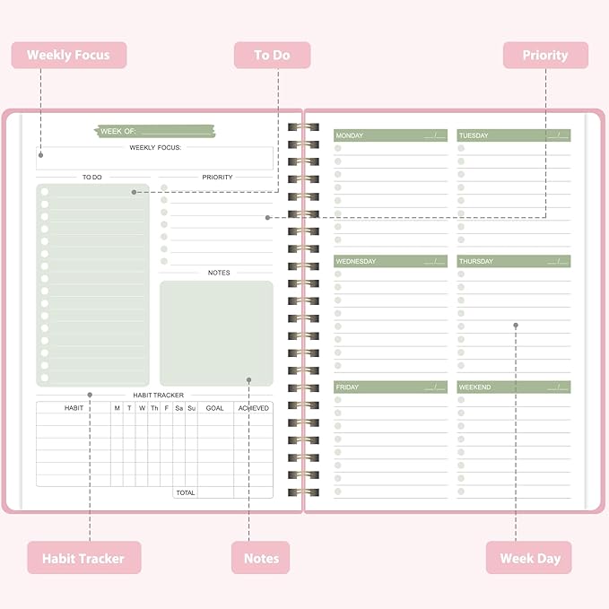 Undated Weekly Planner, Weekly To Do List Notebook with Goal, Organizer & Habit Tracker, A5 Daily Planner with Spiral Binding, Ideal for Office School Suppies