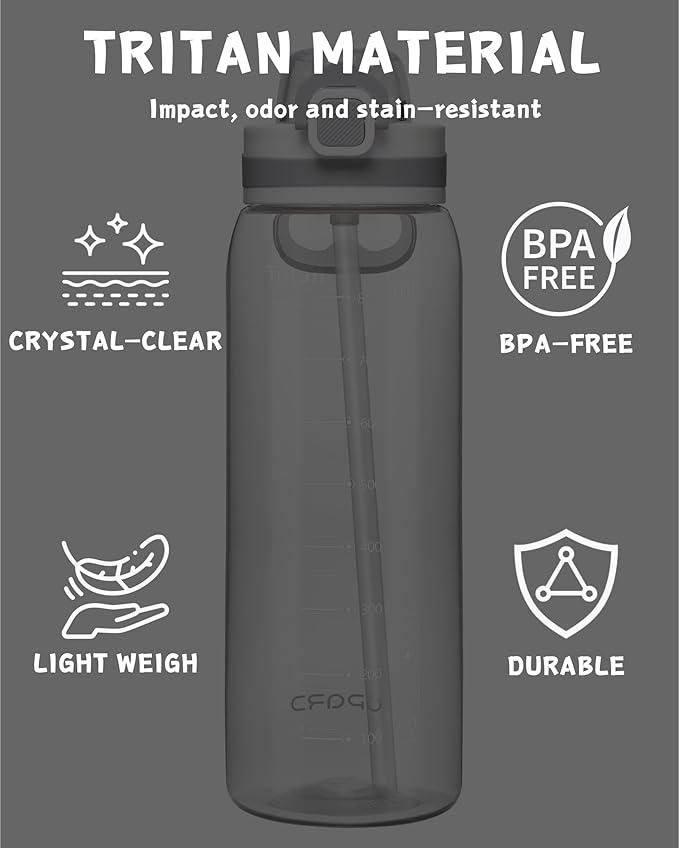 Opard Peak 1000 ml/34 oz Water Bottle with Straw Cap, BPA-Free, Leak Proof Flip Top Bottle