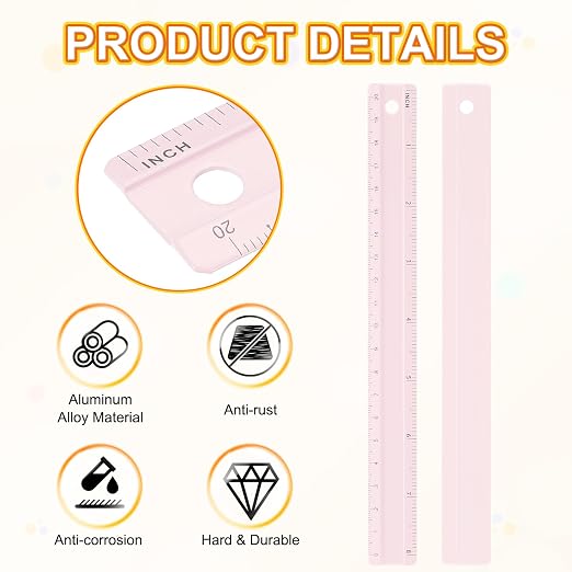 HARFINGTON Metal Straight Ruler 8 Inch(20cm) Metric Aluminum Alloy Measuring Rulers Scale Tool with Hole for Measure Study Reading Classroom Office, Light Pink
