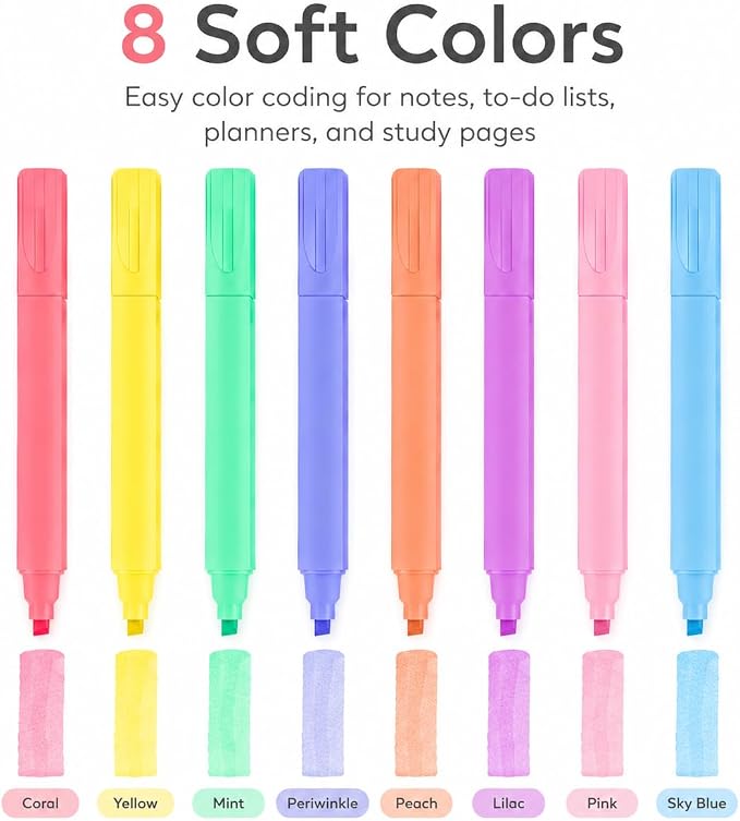 Pastel Bible Highlighters, 8 Pack Cute Chisel Tip Highlighter Set, Assorted Candy Colors for Bible Study, Journaling, Notes, School and Office